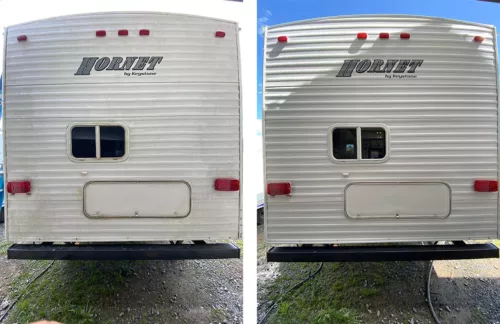 side by side comparison of a washed RV exterior